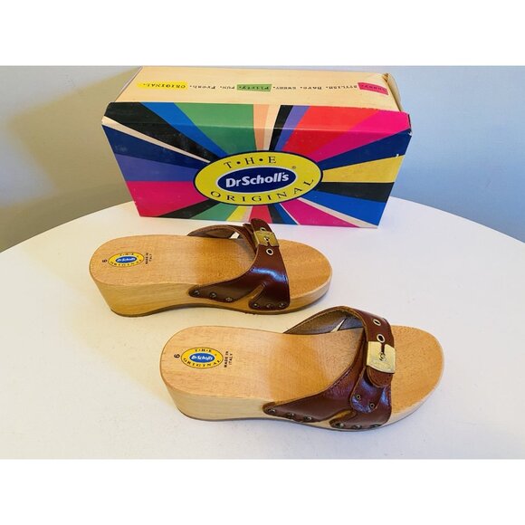 Dr Scholls Women Size 6 M Wood Exercise Clog Sandal Brown Leather Slide Shoe New - Picture 5 of 11